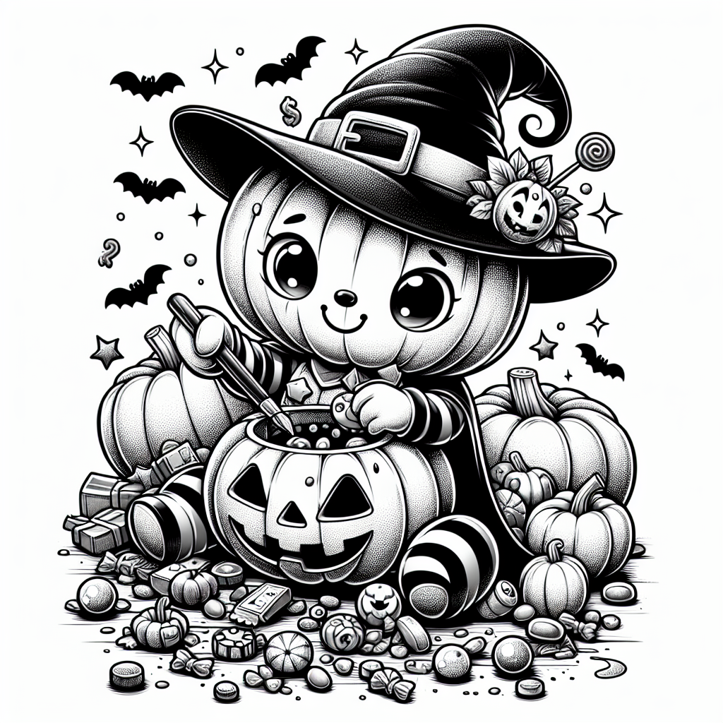 Coloring page of a pumpkin character, trick-or-treater carving a jack-o-lantern