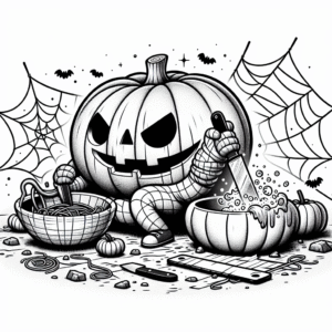 Coloring page of a pumpkin character, trick-or-treater carving a jack-o-lantern