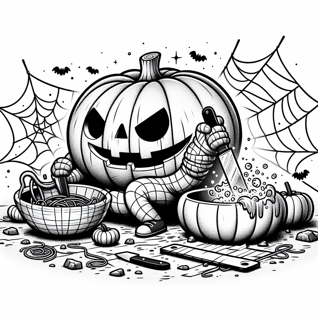 Coloring page of a pumpkin character, trick-or-treater carving a jack-o-lantern