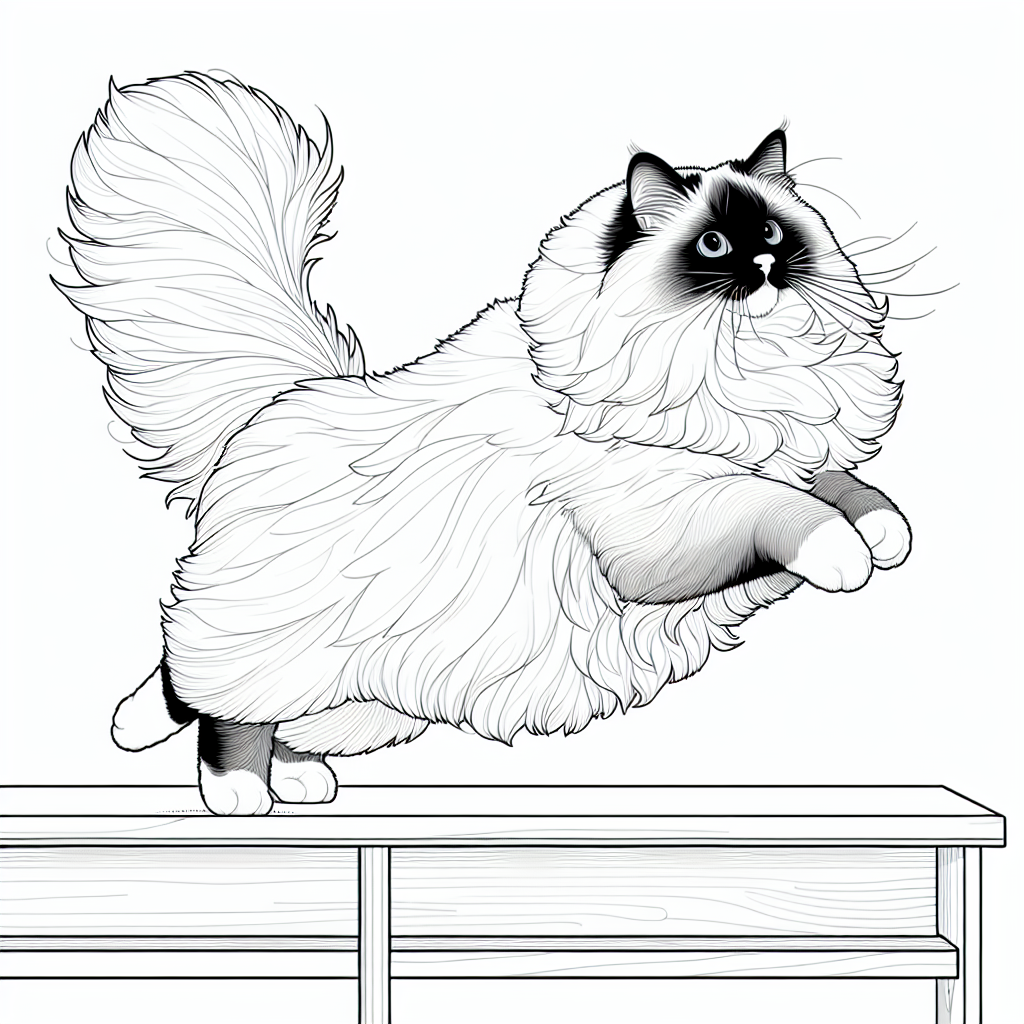Coloring page of a Ragdoll cat, graceful feline jumping onto a shelf