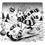 Coloring page of a reindeer, snowball thrower sliding on ice