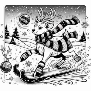 Coloring page of a reindeer, snowball thrower sliding on ice
