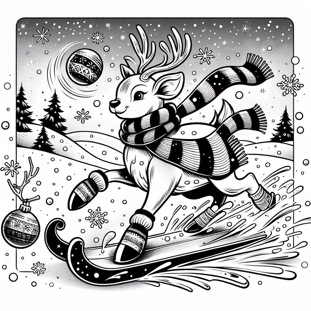 Coloring page of a reindeer, snowball thrower sliding on ice