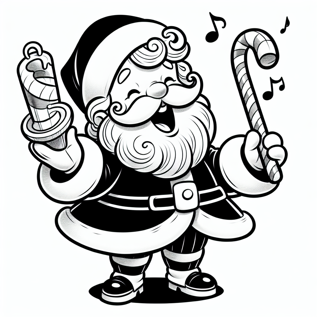 Coloring page of a Santa Claus, toy maker singing carols
