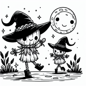 Coloring page of a scarecrow, costume wearer dancing under the moon