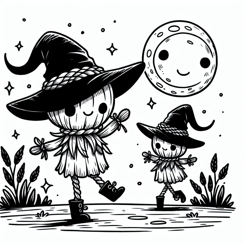 Coloring page of a scarecrow, costume wearer dancing under the moon