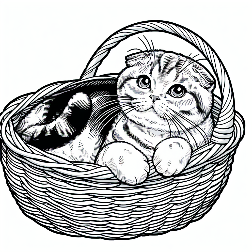 Coloring page of a Scottish Fold cat, lazy napper curled up in a basket