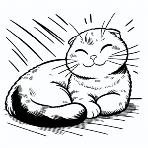 Coloring page of a Scottish Fold cat, lazy napper sleeping in a sunbeam