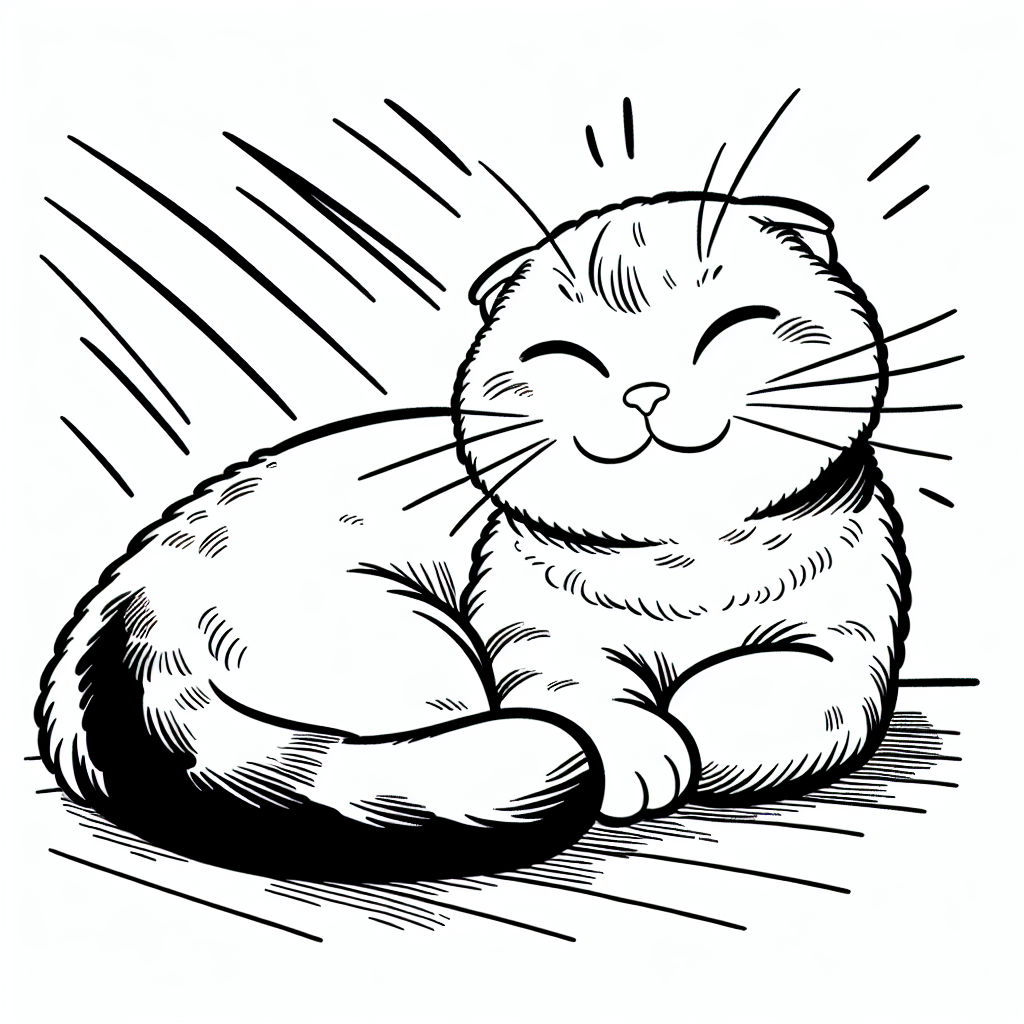 Coloring page of a Scottish Fold cat, lazy napper sleeping in a sunbeam