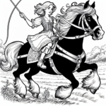 Coloring page of a Shire horse young woman on horseback, village girl on a pony galloping across a meadow