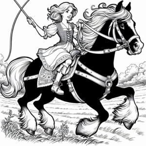 Coloring page of a Shire horse young woman on horseback, village girl on a pony galloping across a meadow