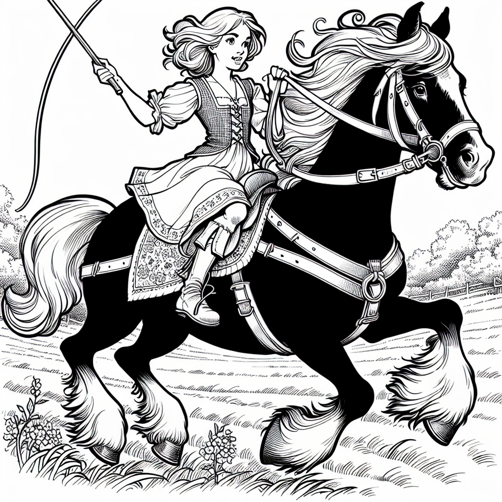 Coloring page of a Shire horse young woman on horseback, village girl on a pony galloping across a meadow