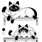 Coloring page of a Siamese cat, lazy napper jumping onto a shelf