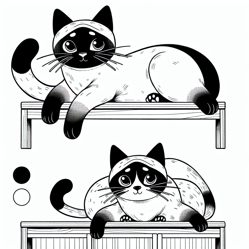 Coloring page of a Siamese cat, lazy napper jumping onto a shelf