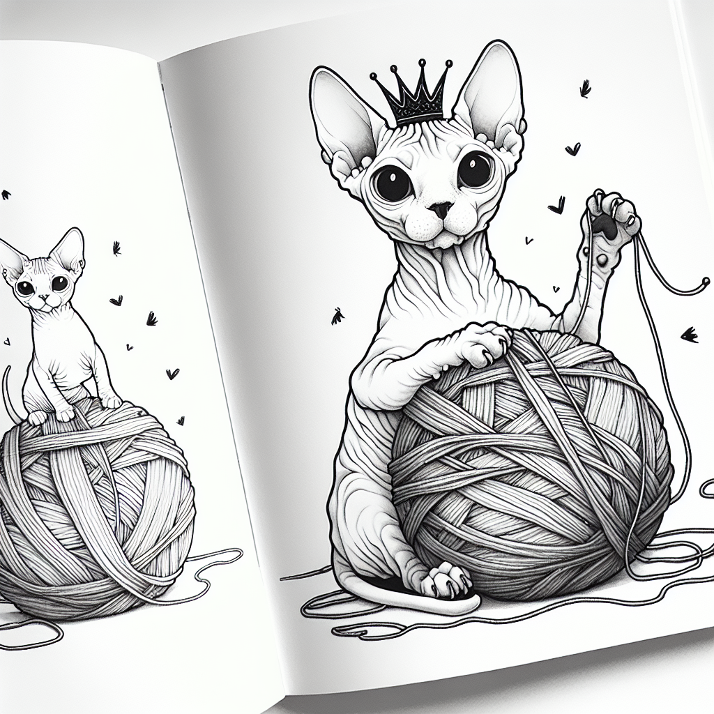 Coloring page of a Sphynx cat, playful hunter playing with yarn