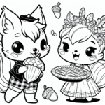 Coloring page of a squirrel with acorn, fall festival dancer sharing a meal