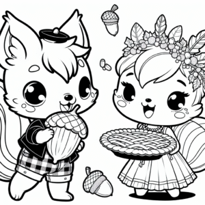 Coloring page of a squirrel with acorn, fall festival dancer sharing a meal