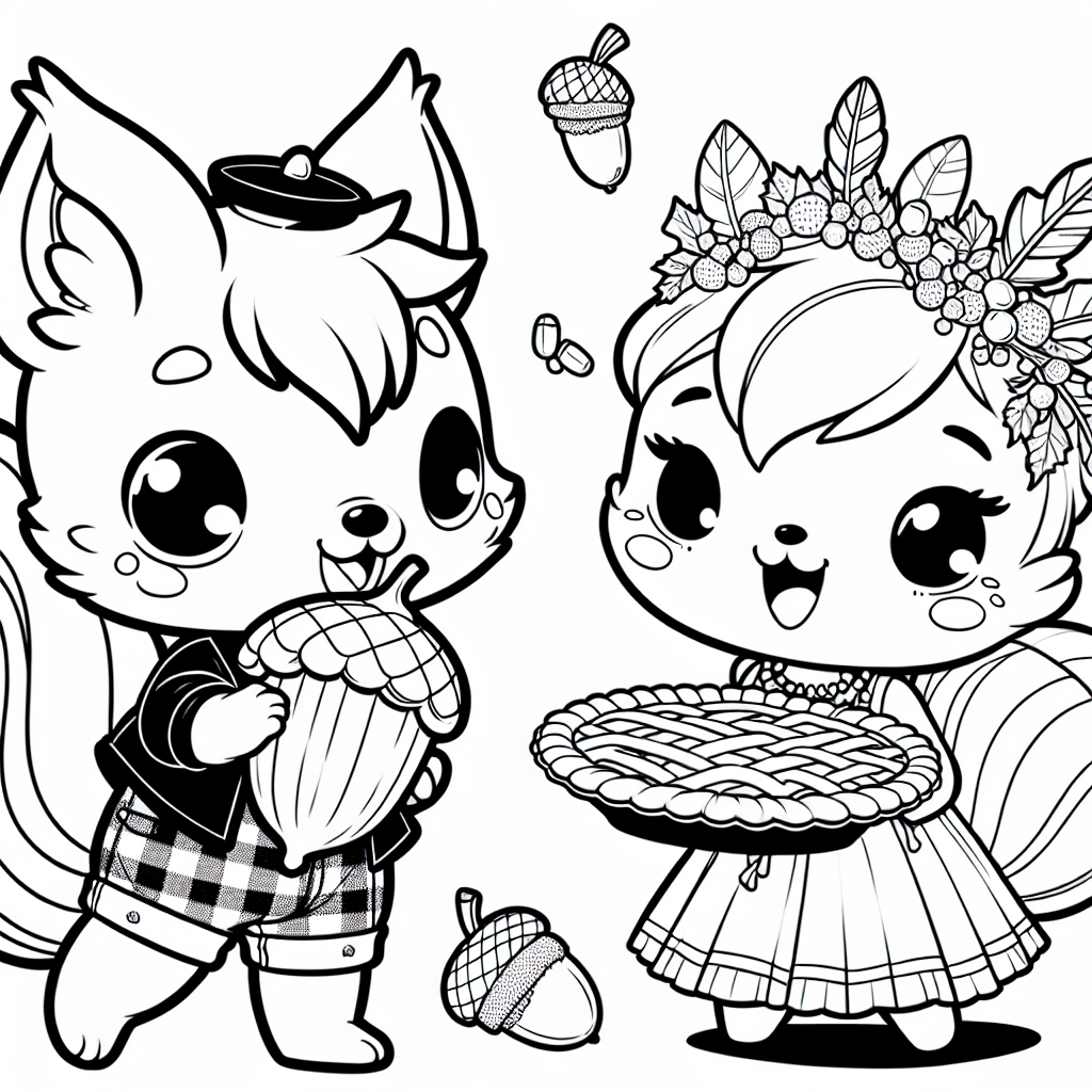 Coloring page of a squirrel with acorn, fall festival dancer sharing a meal