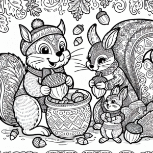 Coloring page of a squirrel with acorn, family member sharing a meal