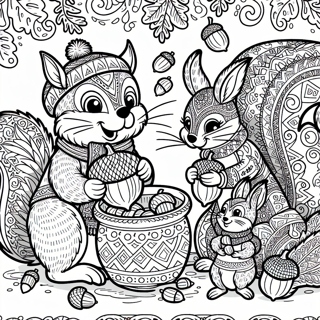 Coloring page of a squirrel with acorn, family member sharing a meal