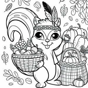 Coloring page of a squirrel with acorn, forest animal holding a basket of vegetables