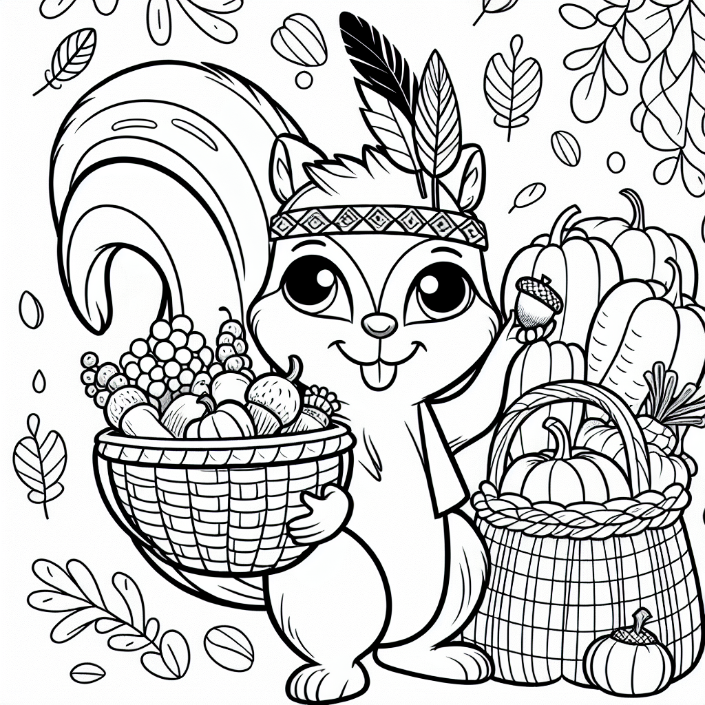Coloring page of a squirrel with acorn, forest animal holding a basket of vegetables