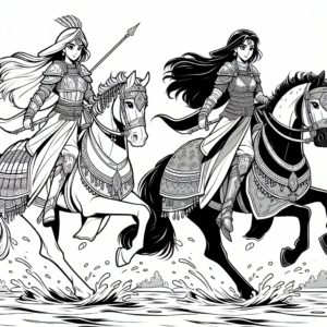 Coloring page of a Thoroughbred girl riding a horse, fantasy warrior princess crossing a river