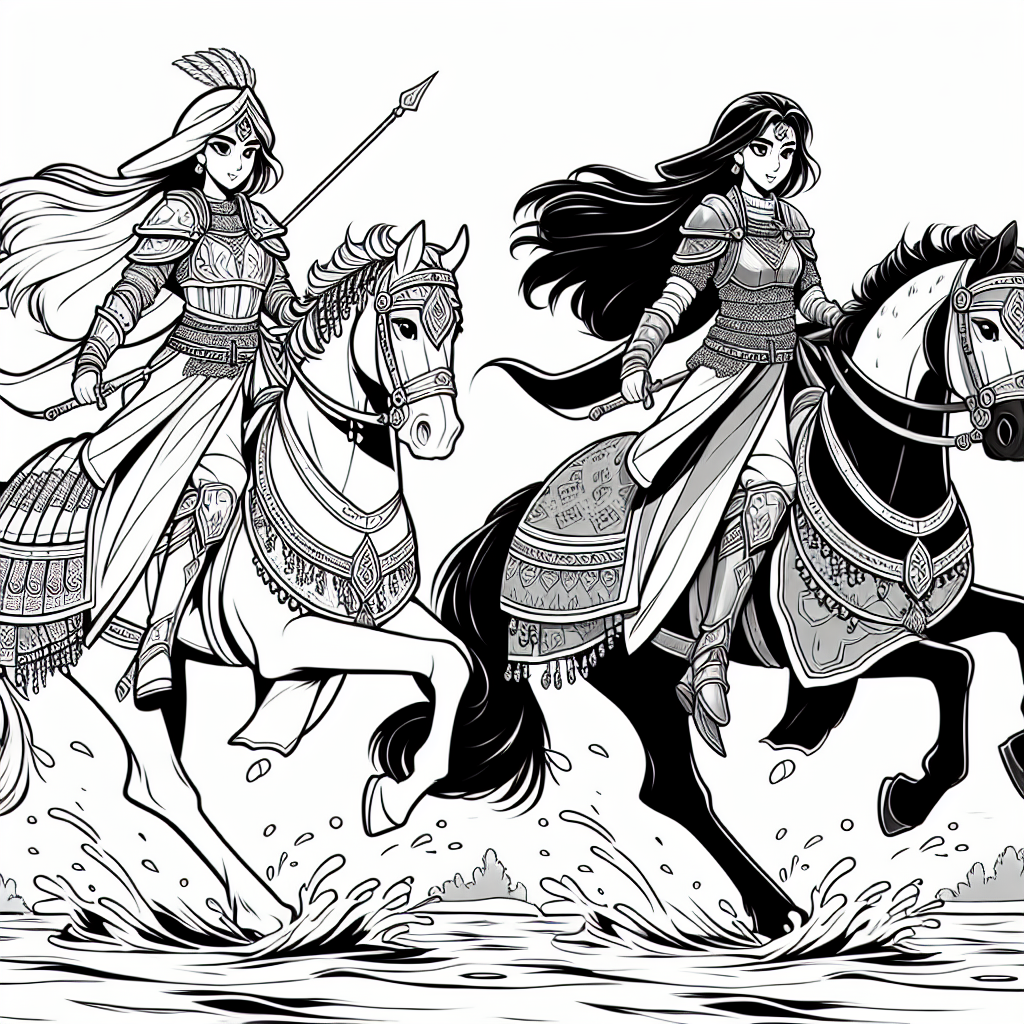 Coloring page of a Thoroughbred girl riding a horse, fantasy warrior princess crossing a river