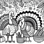 Coloring page of a turkey, fall festival dancer sharing a meal