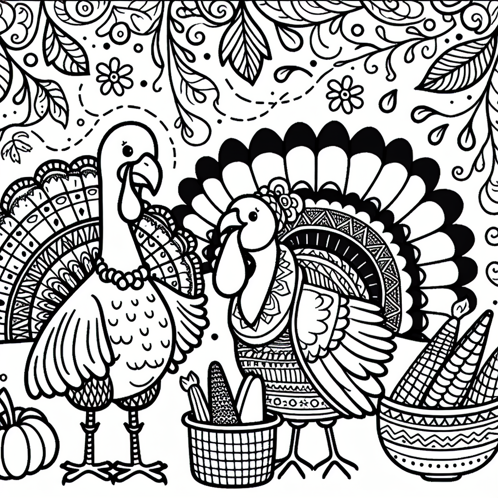 Coloring page of a turkey, fall festival dancer sharing a meal