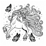 Coloring page of a unicorn, magical being playing with butterflies