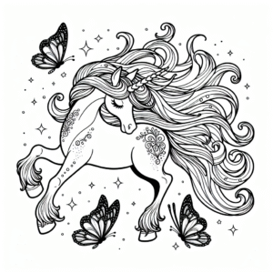Coloring page of a unicorn, magical being playing with butterflies