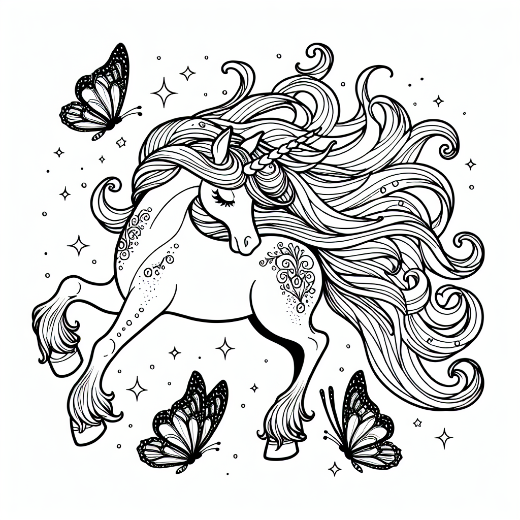 Coloring page of a unicorn, magical being playing with butterflies