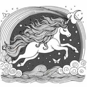 Coloring page of a unicorn, moonlight wanderer leaping over a rainbow