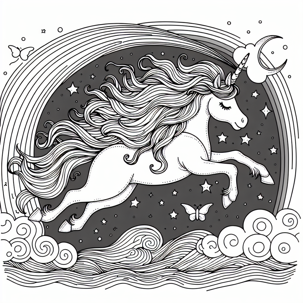 Coloring page of a unicorn, moonlight wanderer leaping over a rainbow