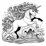 Coloring page of a unicorn, mythical companion running in the waves
