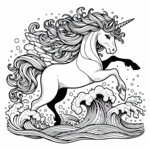 Coloring page of a unicorn, mythical companion running in the waves