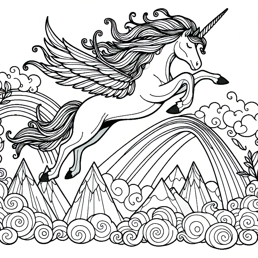 Coloring page of a unicorn, rainbow rider gliding above mountains