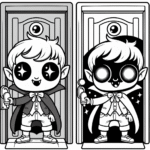 Coloring page of a vampire kid, creepy crawler ringing a doorbell