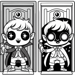 Coloring page of a vampire kid, creepy crawler ringing a doorbell