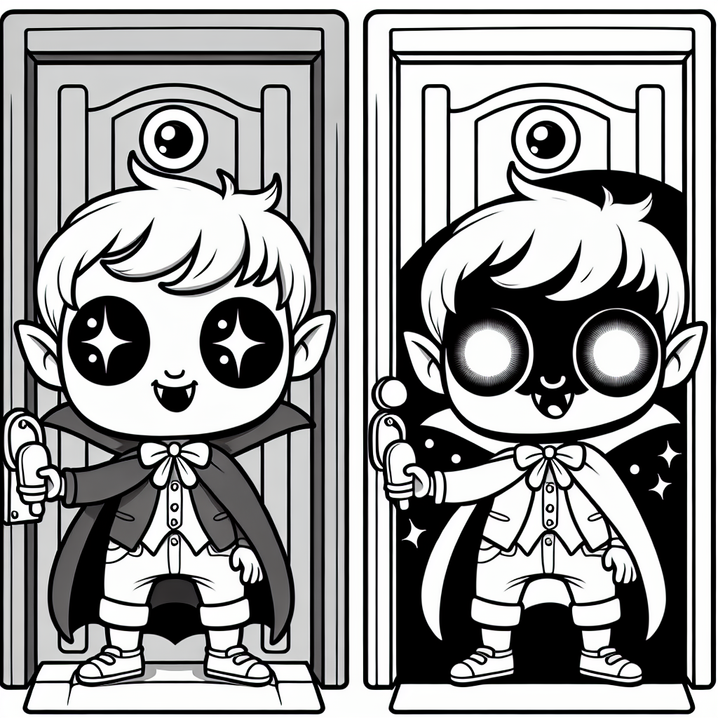Coloring page of a vampire kid, creepy crawler ringing a doorbell