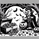 Coloring page of a vampire kid, pumpkin carver hiding in a spooky tree