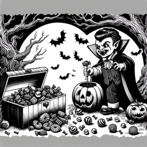Coloring page of a vampire kid, pumpkin carver hiding in a spooky tree