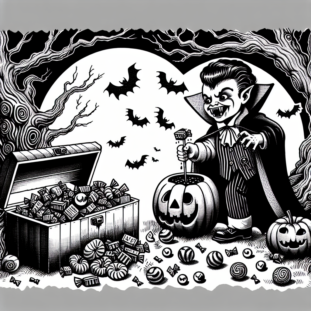 Coloring page of a vampire kid, pumpkin carver hiding in a spooky tree