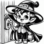 Coloring page of a vampire kid, spooky monster ringing a doorbell