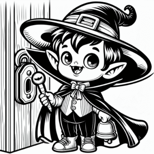Coloring page of a vampire kid, spooky monster ringing a doorbell