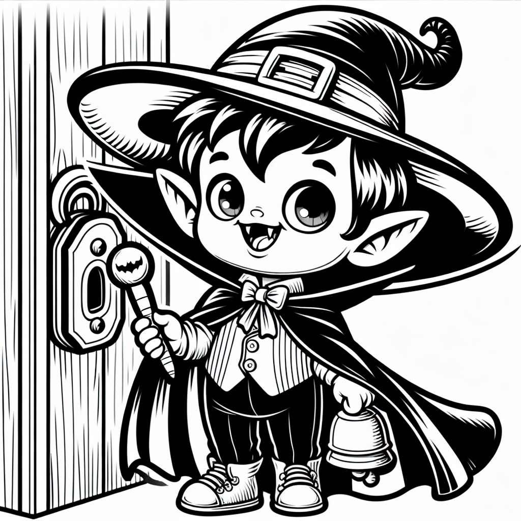 Coloring page of a vampire kid, spooky monster ringing a doorbell