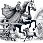 Coloring page of a Arabian horse young woman on horseback, village girl on a pony jumping over a fence