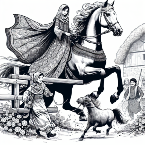 Coloring page of a Arabian horse young woman on horseback, village girl on a pony jumping over a fence