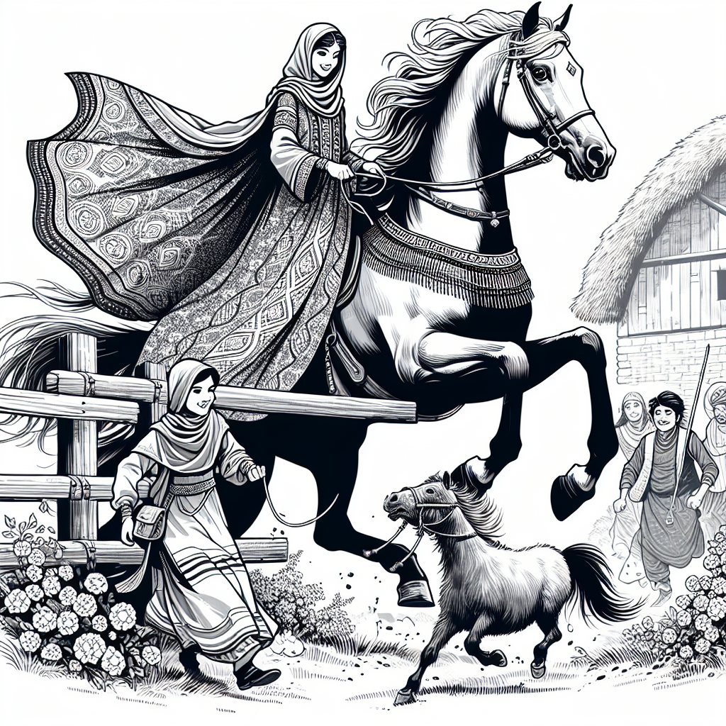 Coloring page of a Arabian horse young woman on horseback, village girl on a pony jumping over a fence